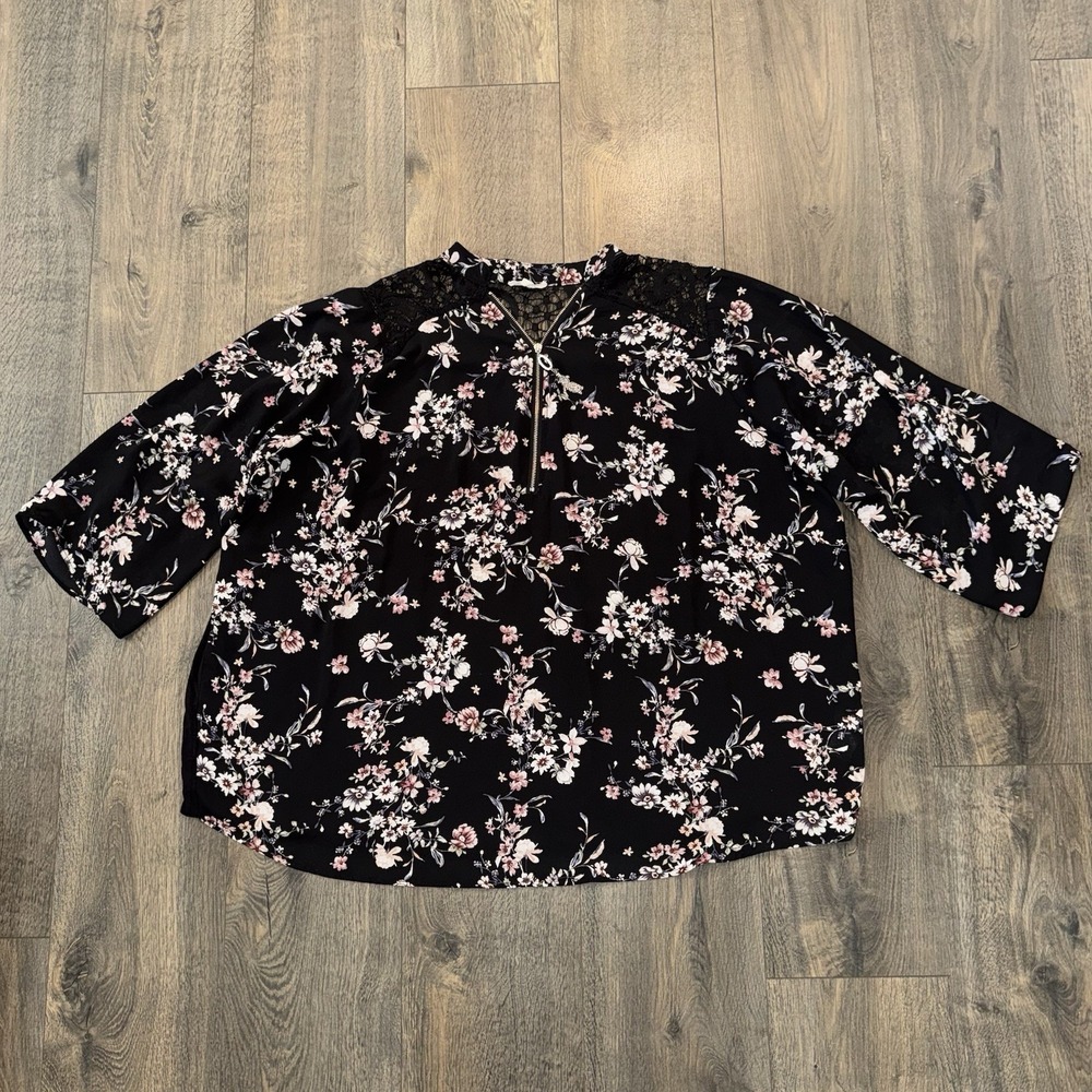 Maurice's Women Sz 3X Floral Shirt Pullover Boho Peasant Summer Blouse Black